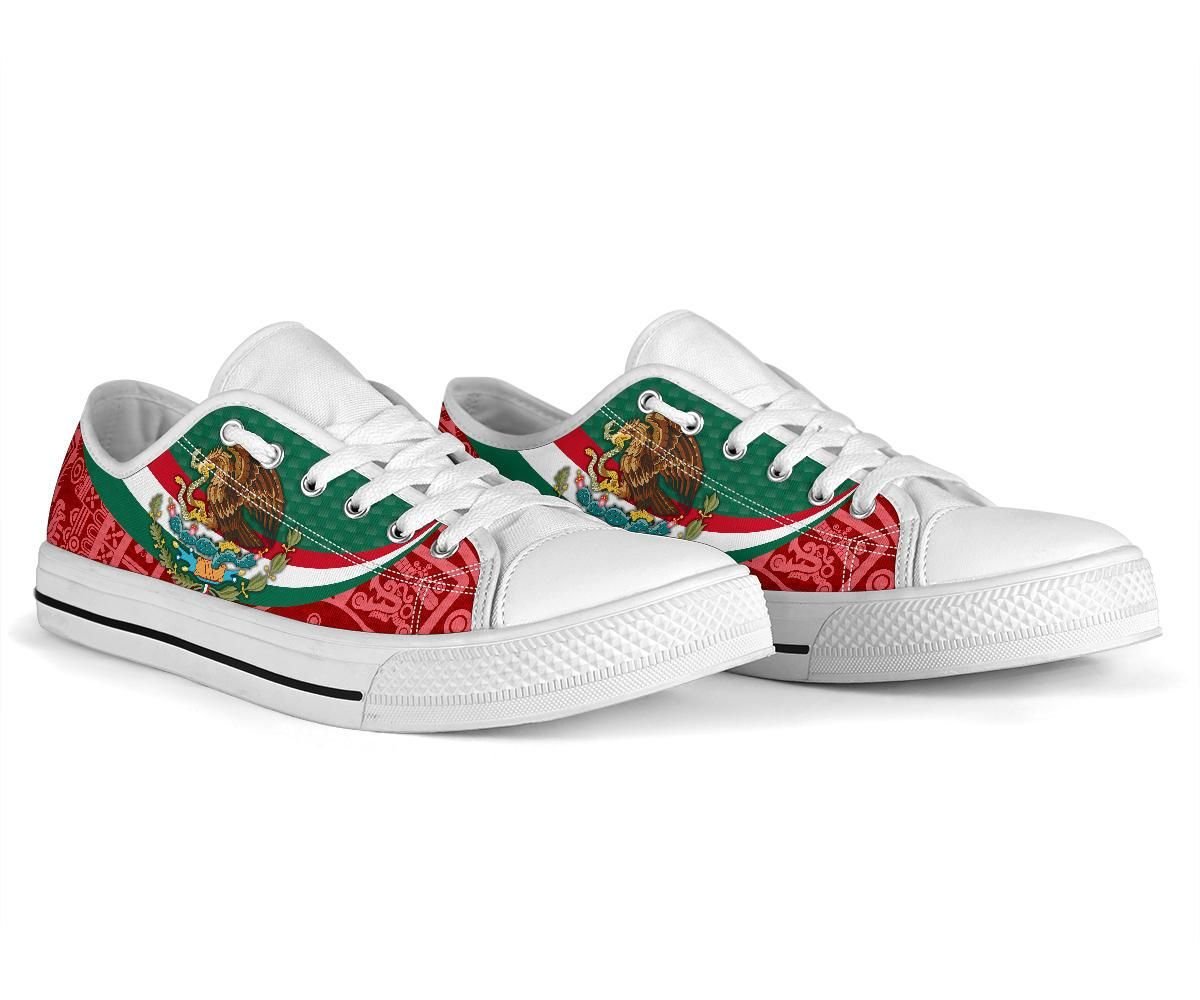 Low-top sneakers, white base, Mexico coat of arms on green-red-and-white upper