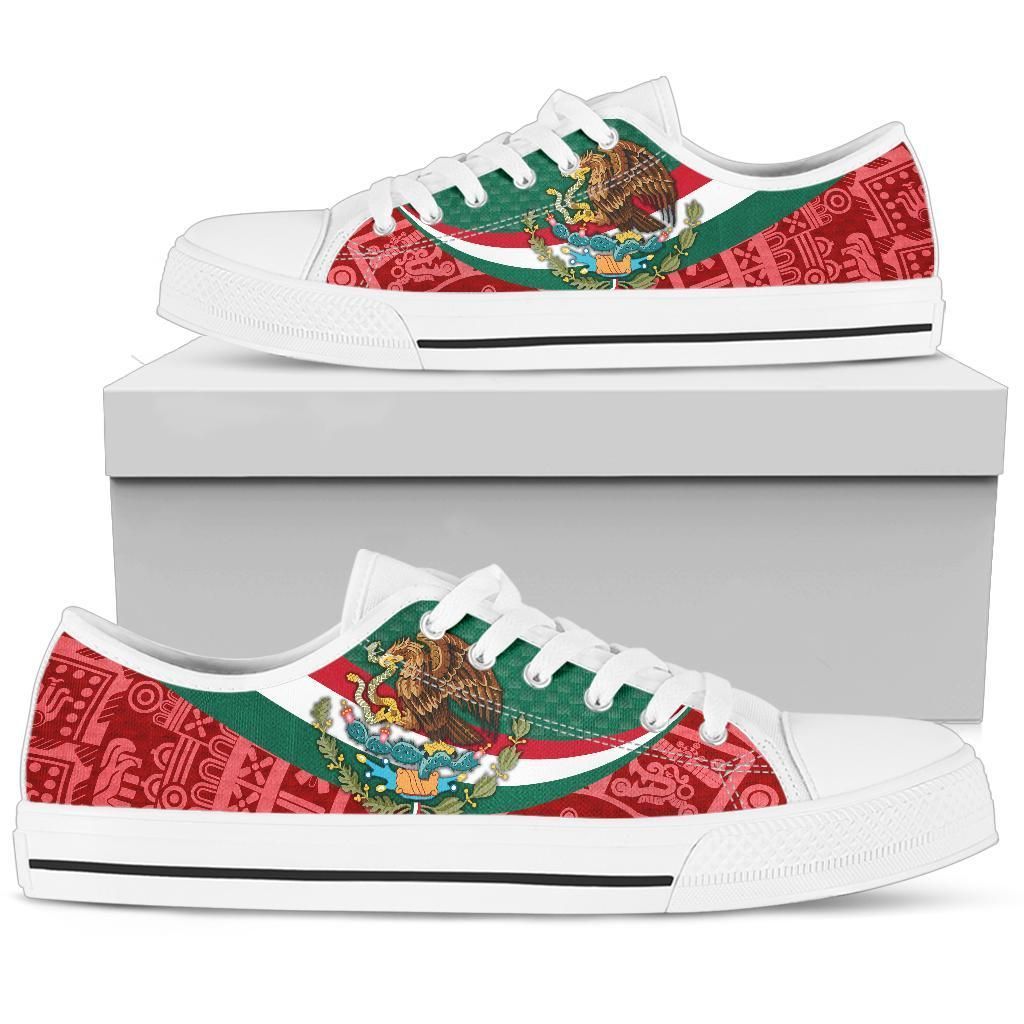 Low-top sneakers with Mexico coat of arms graphic, white base, green-red flag side panel