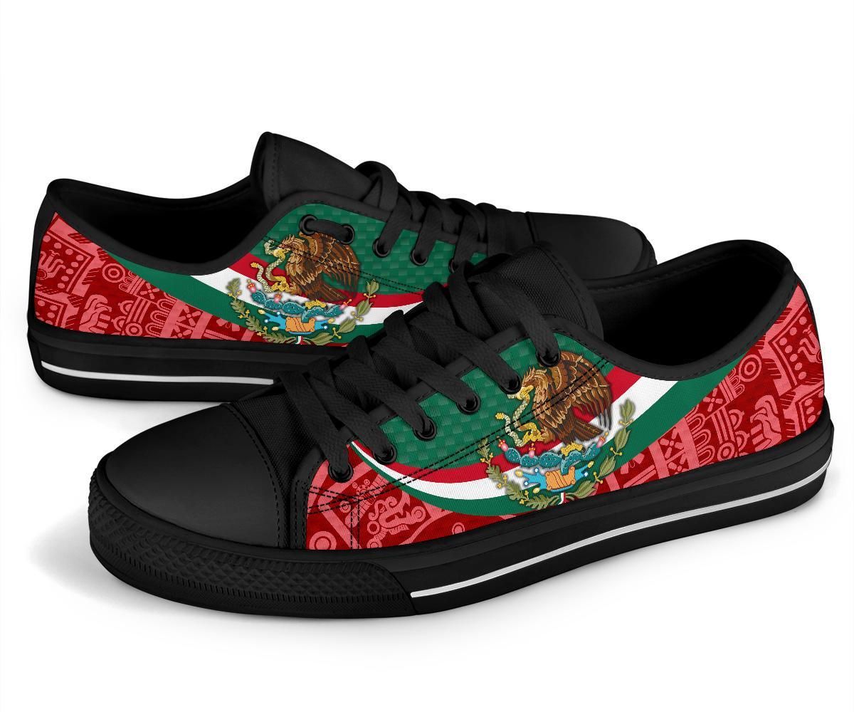 Low-top lace-up sneakers, black base, Mexico coat of arms on red-and-green stripe