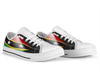 White low-top sneakers, side-by-side view with flag graphic and white star details