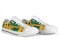 South Africa low-top shoes, white sole; side view with green/yellow graphic and white laces