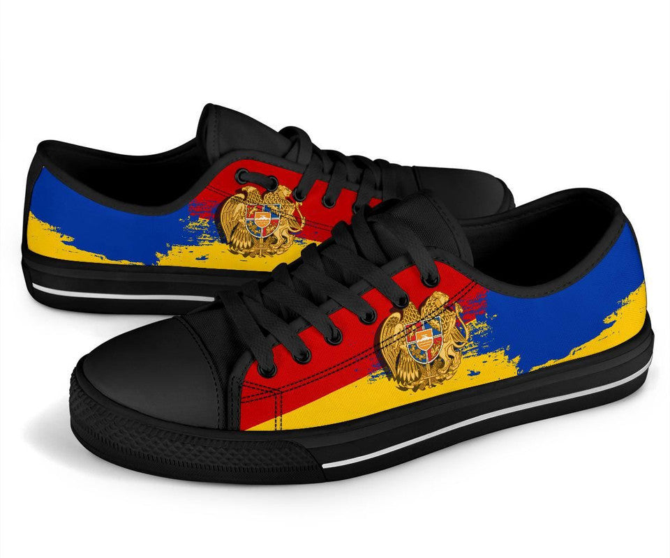 Armenia Special Low Top Shoes: black upper, blue/red/yellow graphic with gold crest