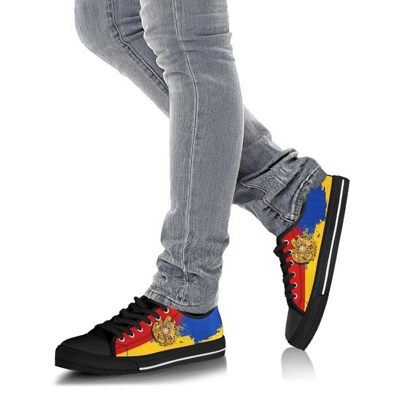 Armenia Special Low Top Shoes on feet: black upper with blue/red/yellow crest graphic
