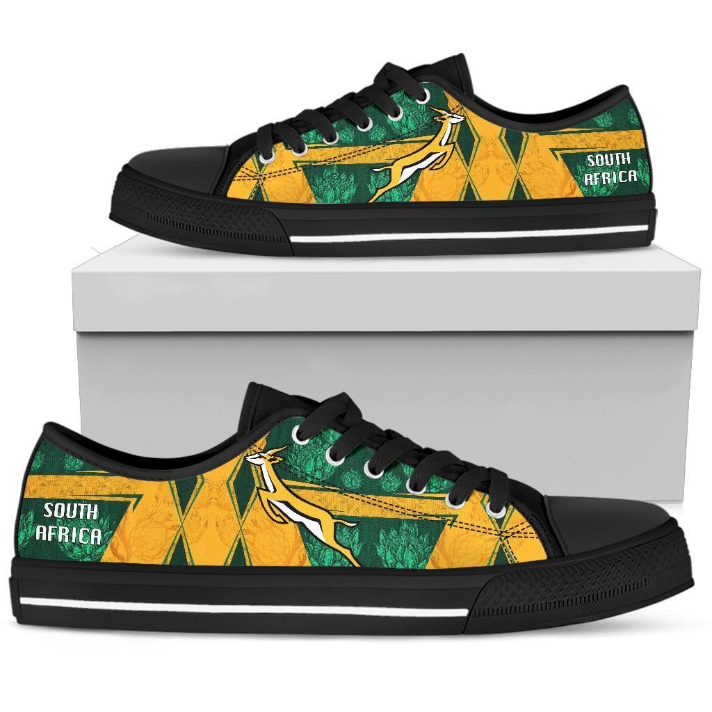 South Africa low-top shoes, black sole; green/yellow pattern with 'SOUTH AFRICA' text