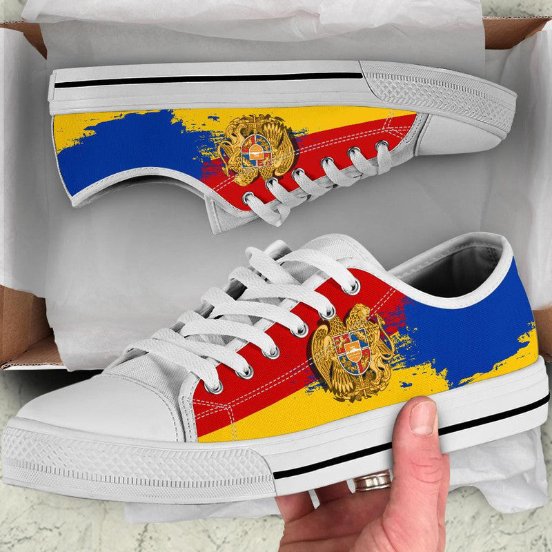 Armenia Special Low Top Shoes: white upper, blue/red/yellow crest graphic, white laces