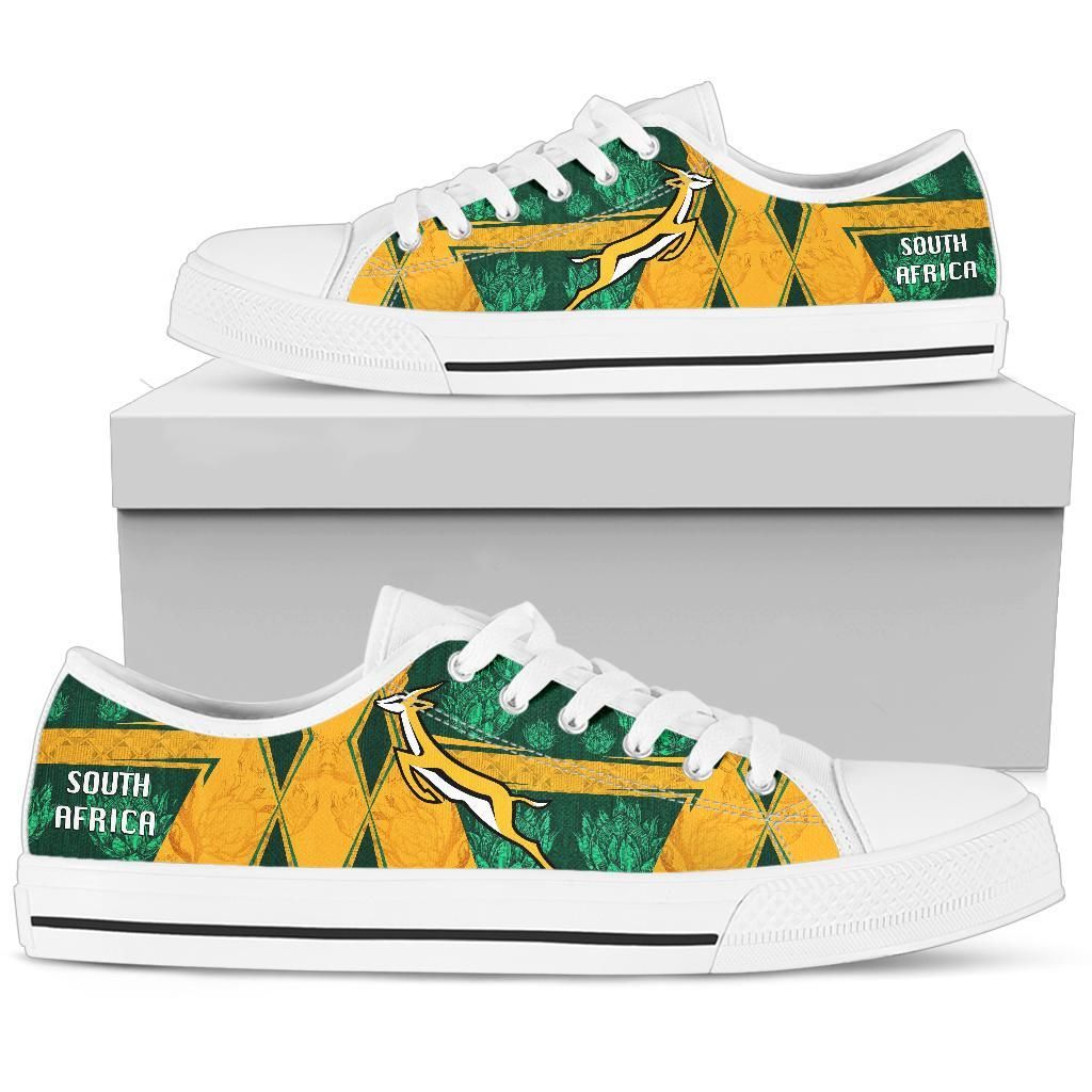 South Africa low-top shoes, white sole; green/yellow pattern with 'SOUTH AFRICA' text