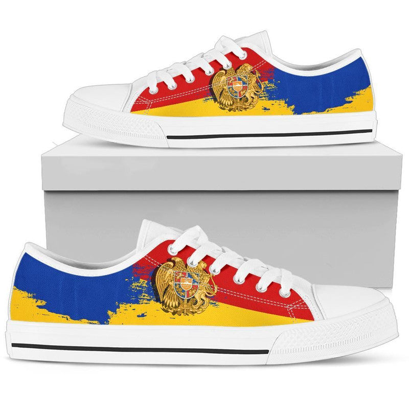 Armenia Special Low Top Shoes on box: white upper with blue/red/yellow crest graphic