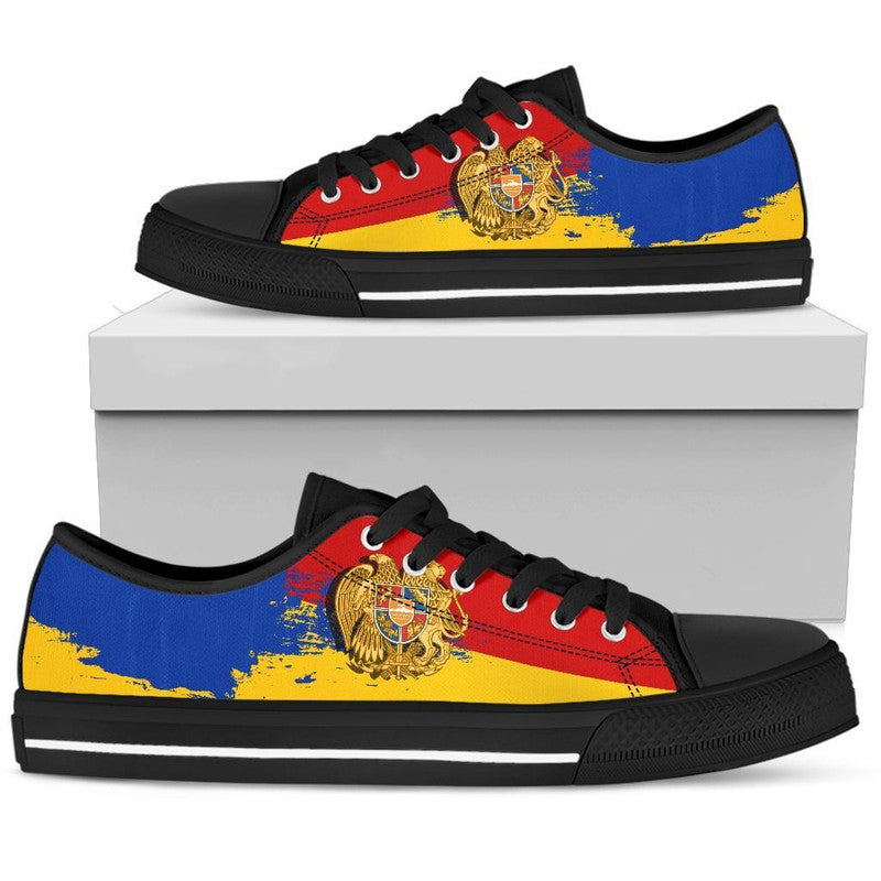Armenia Special Low Top Shoes on box: black upper with blue/red/yellow crest graphic