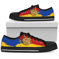 Armenia Special Low Top Shoes on box: black upper with blue/red/yellow crest graphic