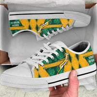 South Africa low-top shoes, white sole; close-up green/yellow design with 'SOUTH AFRICA'