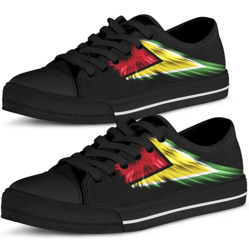 Black low-top sneakers with colorful wing graphic, black laces and rubber sole