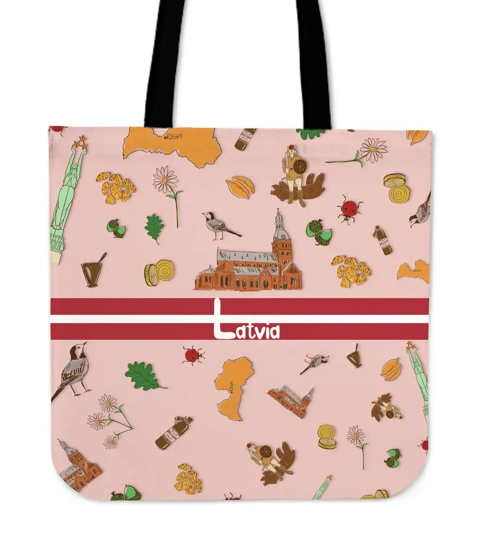 Pink tote bag with Latvia symbols, red stripe, 'Latvia' text, and black handles.