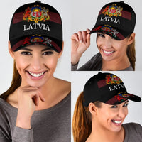Classic cap: black front with 'LATVIA' and multicolor crest on patterned brim