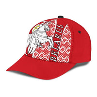 Red classic cap with horse blanket pattern and BELARUS letters on the side