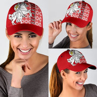 Red classic cap worn by model; white knight-and-horse print with BELARUS text