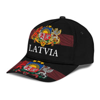 Black classic cap with multicolor Latvia crest and 'LATVIA' front, patterned brim