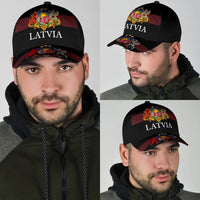 Black classic cap with Latvia crest above 'LATVIA' logo on front panel