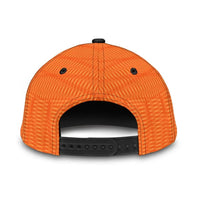 Orange snapback cap with black mesh back and adjustable strap, rear view
