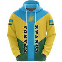 Rwanda pullover hoodie with front hood and drawstrings, blue yellow green panel graphic