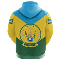 Pullover hoodie back view, circular emblem on blue yellow green
