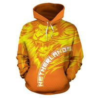 Orange pullover hoodie with lion graphic and white drawstrings, front view