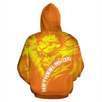 Orange pullover hoodie with lion graphic and large back text logo