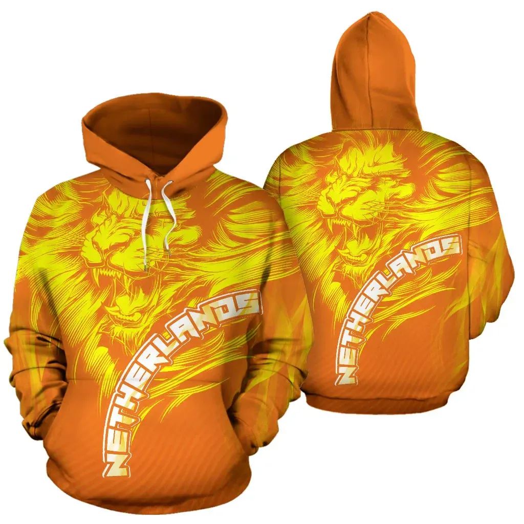 Orange pullover hoodie front and back: lion print, white drawstrings