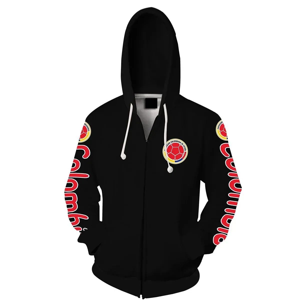 Black Colombia zip hoodie with front zip, hood strings and football crest badge