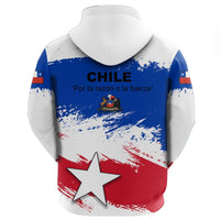 Back of pullover hoodie with CHILE text, Spanish quote, and Chile flag brush star print