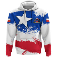 Pullover hoodie with Chile flag brush print, large white star on front, multicolor