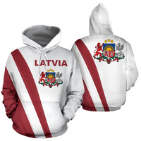 Front and back view: white pullover hoodie with Latvia text and crest, red diagonal stripes