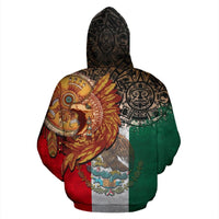 Pullover hoodie back graphic with Aztec mask and angel, green red Mexico flag panels
