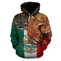 Pullover hoodie, Aztec warrior print, Mexico flag panels, drawstring hood, kangaroo pocket