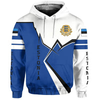 Blue and white zip-up hoodie with lightning graphic and striped sleeve accents