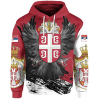 Red pullover hoodie with Serbian eagle tattoo graphic and cross shield on front