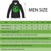 Black pullover hoodie for men, green circular logo on chest, drawstring hood