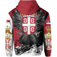 Red pullover hoodie back view with large cross shield and eagle wing design