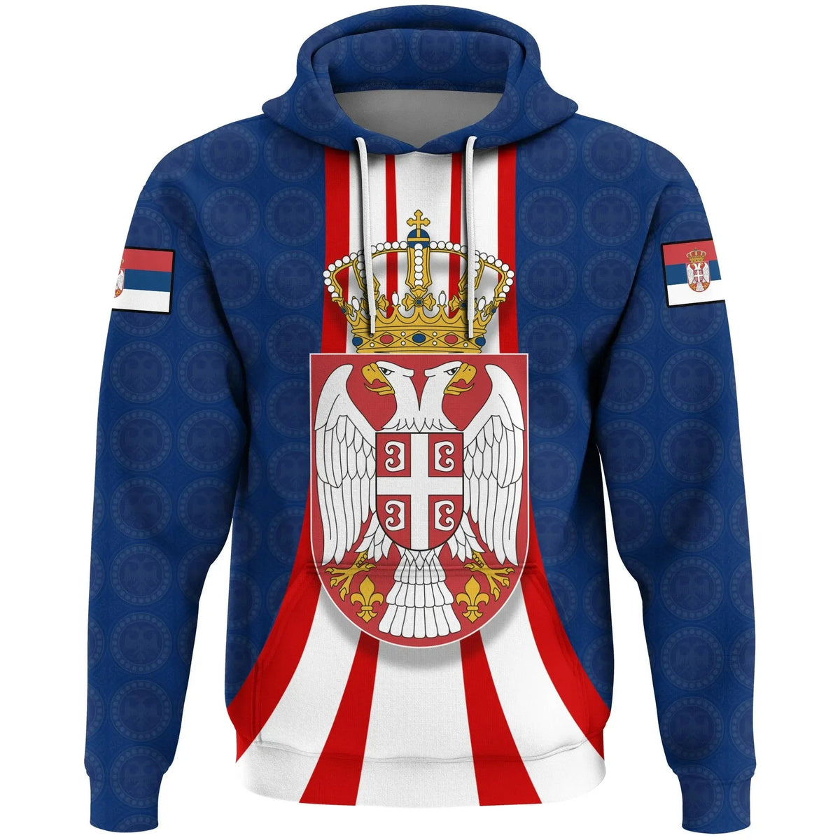 Blue pullover hoodie with Serbia crest and red-white ribbon graphic, front