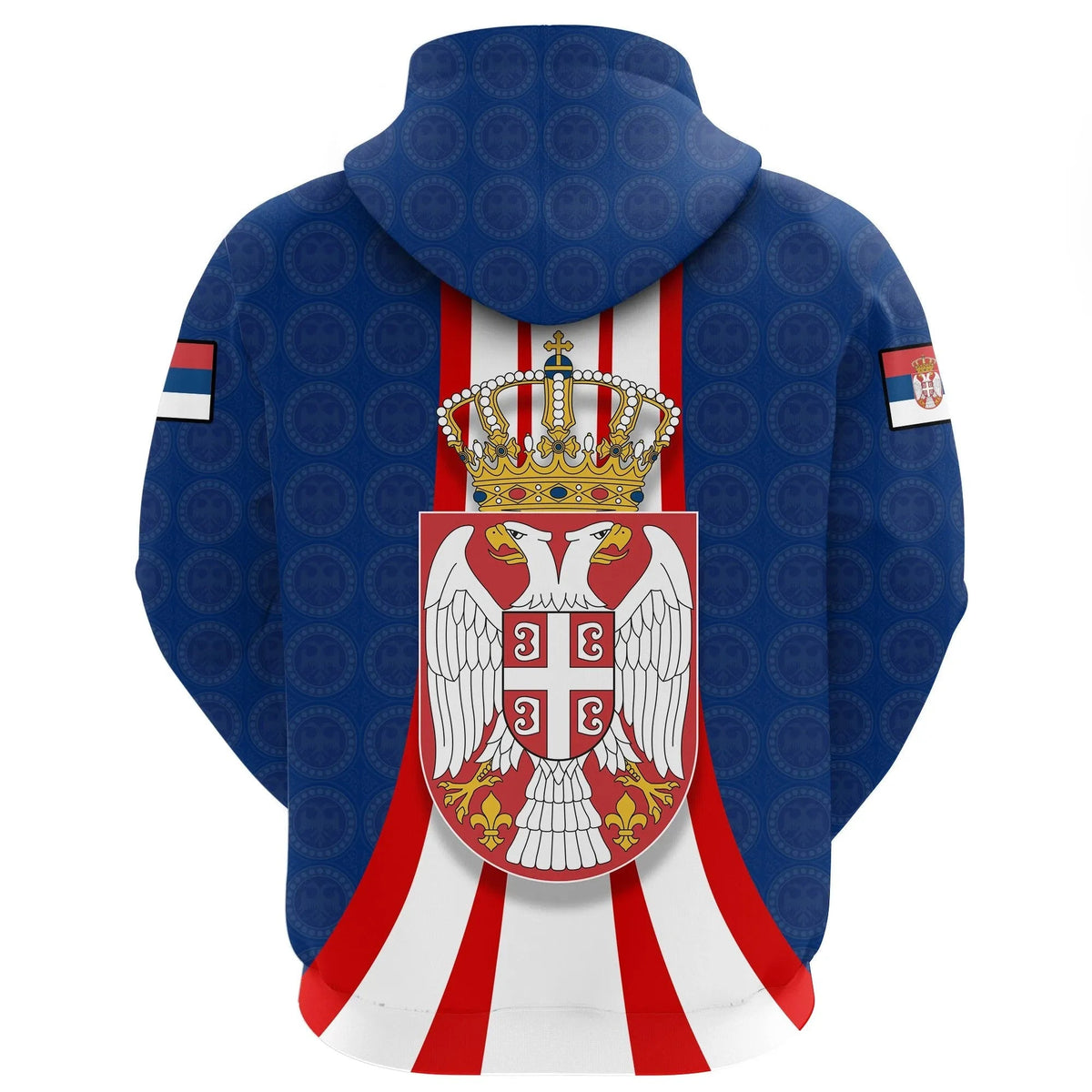 Blue pullover hoodie with large Serbia crest graphic, back