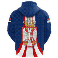 Blue pullover hoodie with large Serbia crest graphic, back