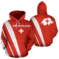 Red pullover hoodie showing front and back: SWITZERLAND text, Swiss cross, white stripes.