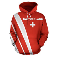 Red pullover hoodie with hood, drawstrings; SWITZERLAND text, Swiss cross, white stripes.
