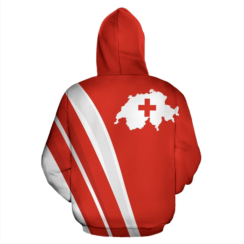 Red pullover hoodie back view with Swiss map graphic, Swiss cross, and white diagonal stripes.