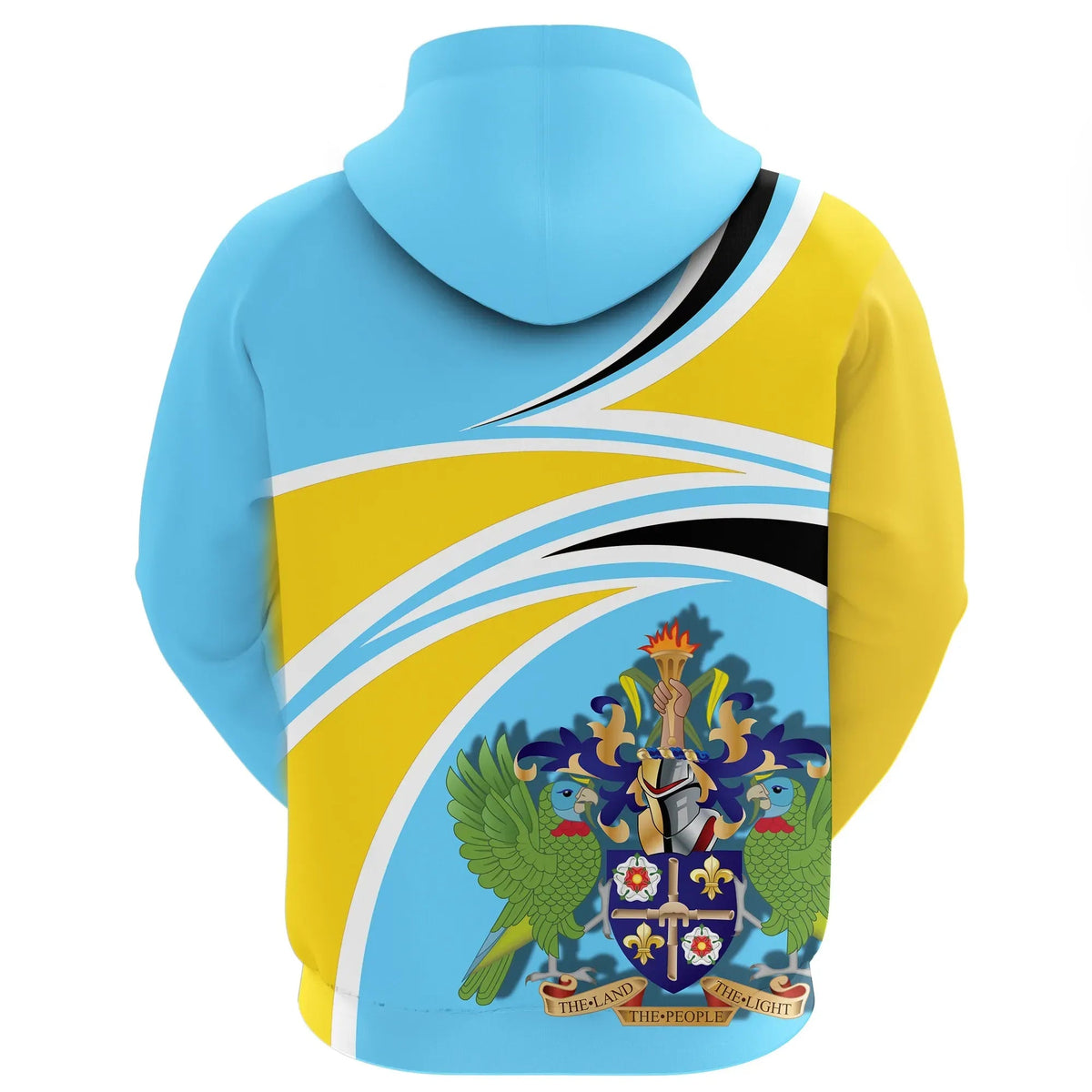 Hoodie back view in light blue and yellow with large Saint Lucia crest print