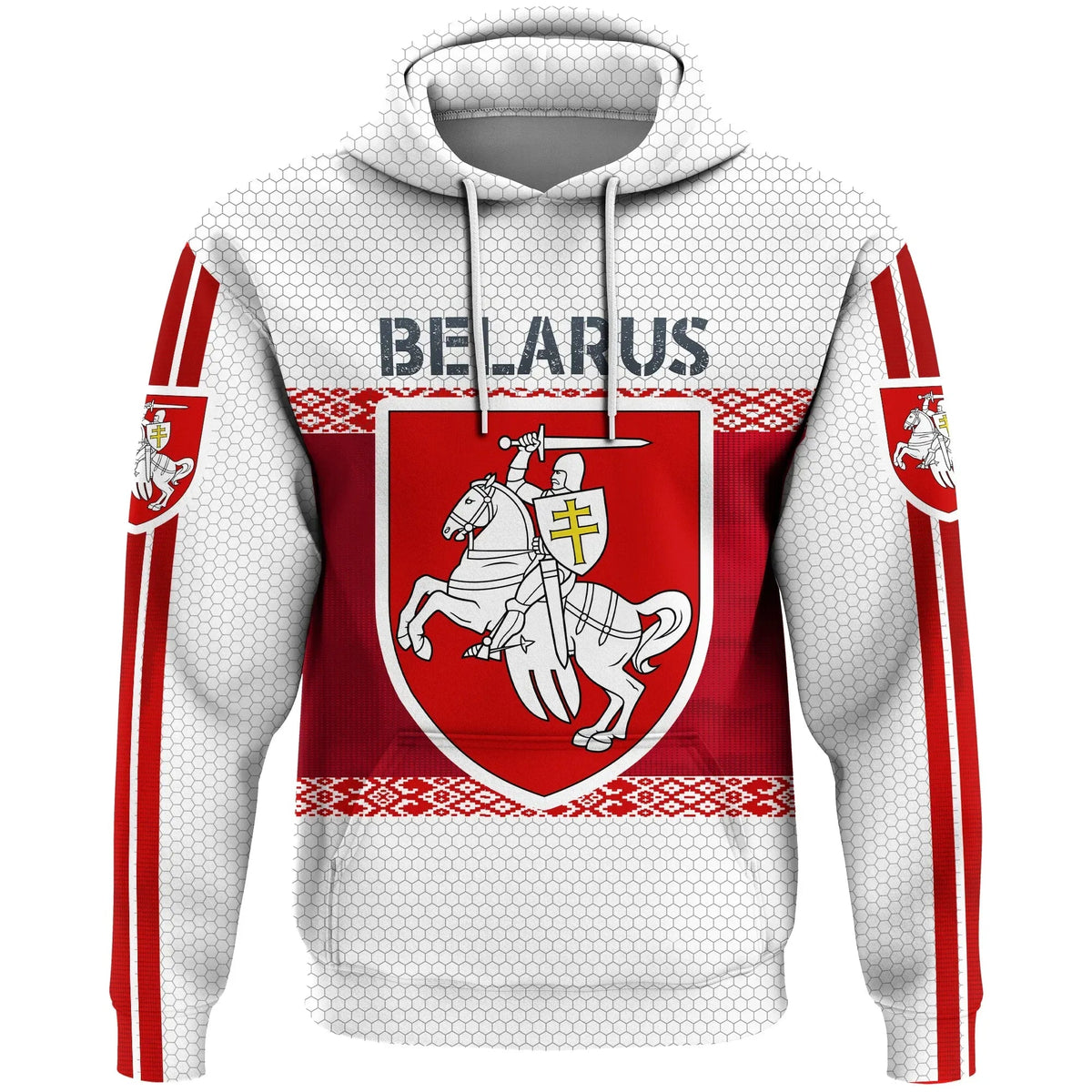 Belarus hoodie coat with hood, Belarus text, crest emblem, red/white sleeve stripes