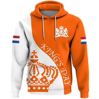 Orange pullover hoodie with crown emblem, diagonal text print, white drawstring