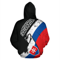 Black pullover hoodie back view with large grunge Slovakia flag graphic, hood up