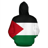 Black pullover hoodie back with Palestine flag print: red triangle, white stripe, green hem.