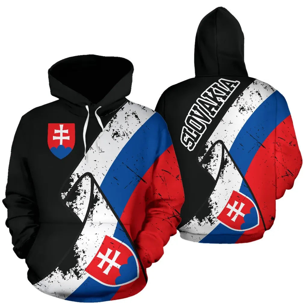 Pair of black pullover hoodies: front and back with grunge Slovakia flag print