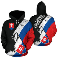 Pair of black pullover hoodies: front and back with grunge Slovakia flag print